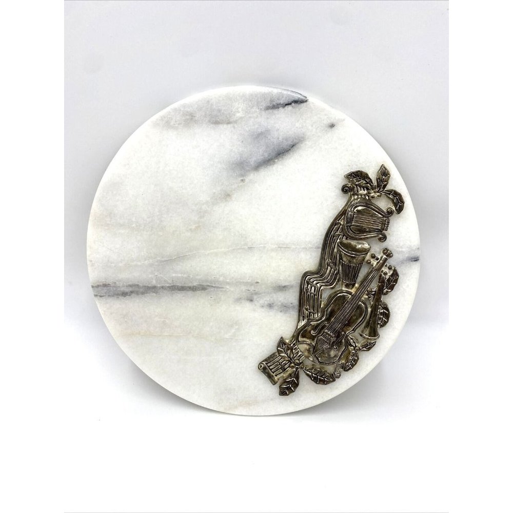 Bombay Marble Cheese Cutting Board Round Music Violin Harp Poinsettia 10''